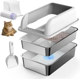 23.5''x15.7''x6'' Enclosed Stainless Steel Litter Box with Lid, XL Sifting Litter Box for Pine Pellets, High Sides Metal Litter Box System for for Big Cats, Anti-Leakage, Easy Cleaning, Less Tracking