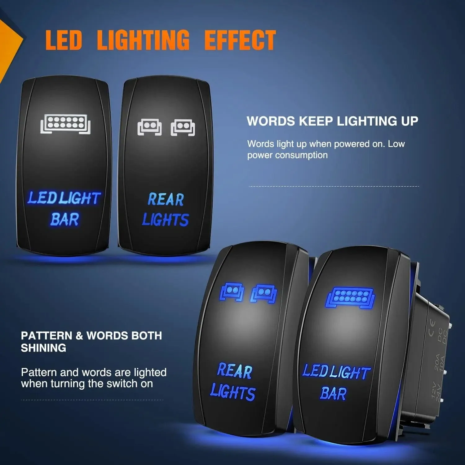 2Pcs 5Pin Laser On/Off Led Light Bar Rear Lights Rocker Switch Blue