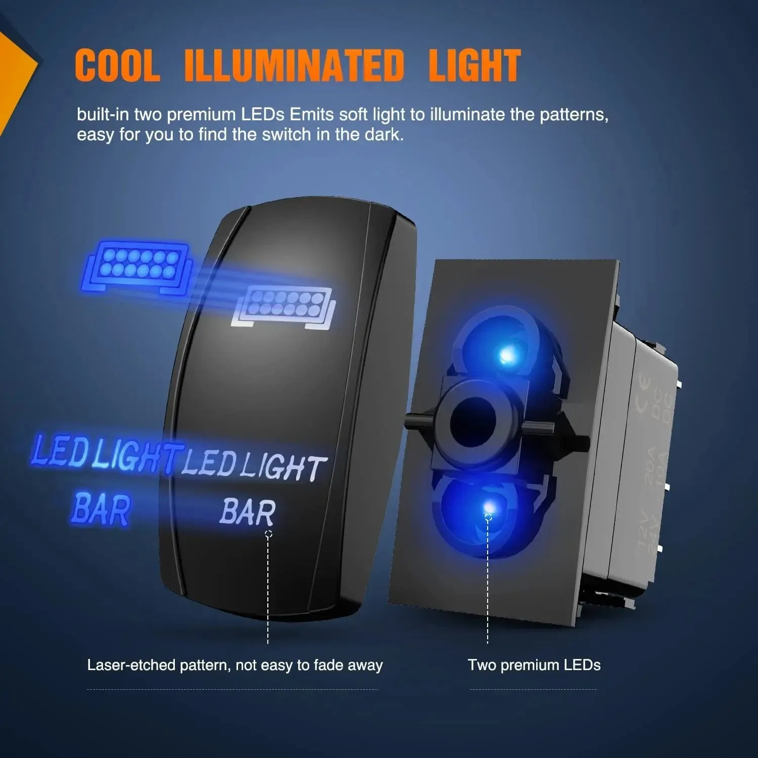 2Pcs 5Pin Laser On/Off Led Light Bar Rear Lights Rocker Switch Blue
