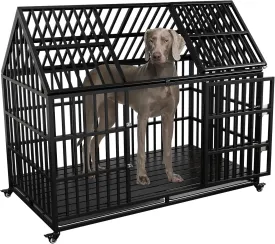 54 inch Heavy Duty Indestructible Dog Crate, Escape Proof Dog Cage Kennel with Lockable Wheels, High Anxiety Double Door, Extra Large Crate Indoor for Large Dog with Removable Tray