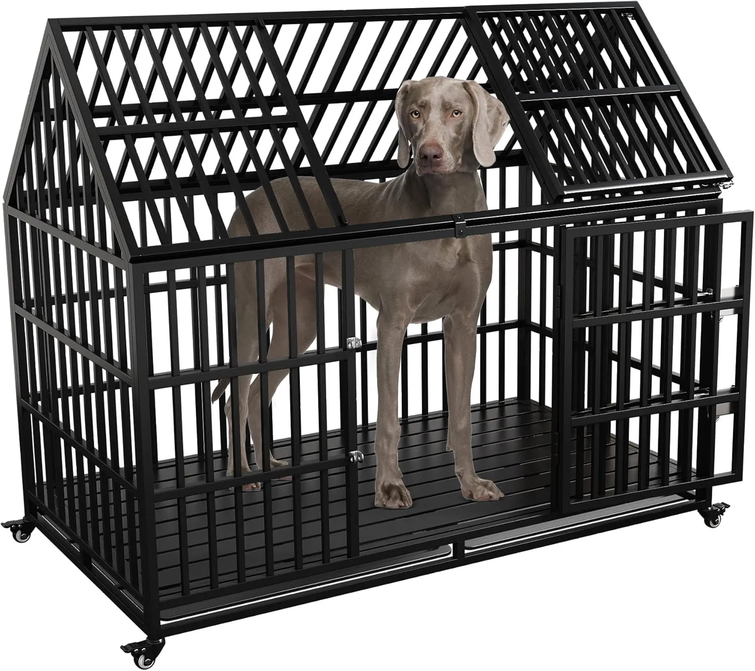 54 inch Heavy Duty Indestructible Dog Crate, Escape Proof Dog Cage Kennel with Lockable Wheels, High Anxiety Double Door, Extra Large Crate Indoor for Large Dog with Removable Tray