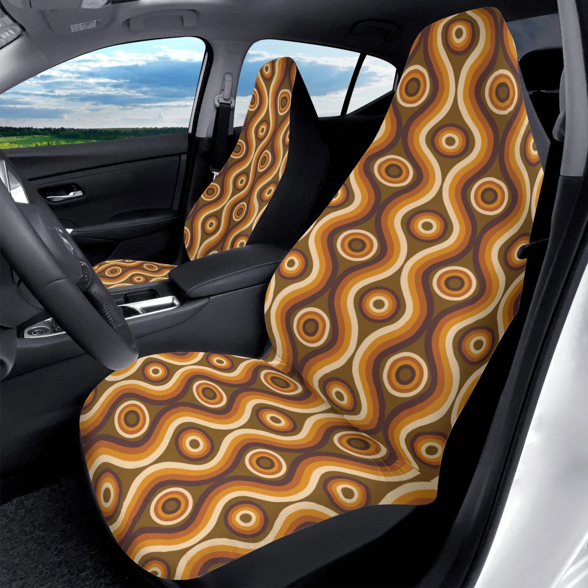 70s Retro Car Seat Covers (2 pcs), Brown Vintage Pattern Auto Front Seat Dog Pet Vehicle SUV Universal Protector Accessory Men Women