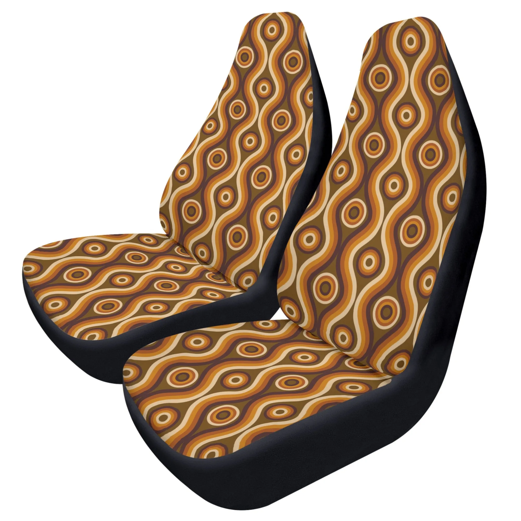 70s Retro Car Seat Covers (2 pcs), Brown Vintage Pattern Auto Front Seat Dog Pet Vehicle SUV Universal Protector Accessory Men Women