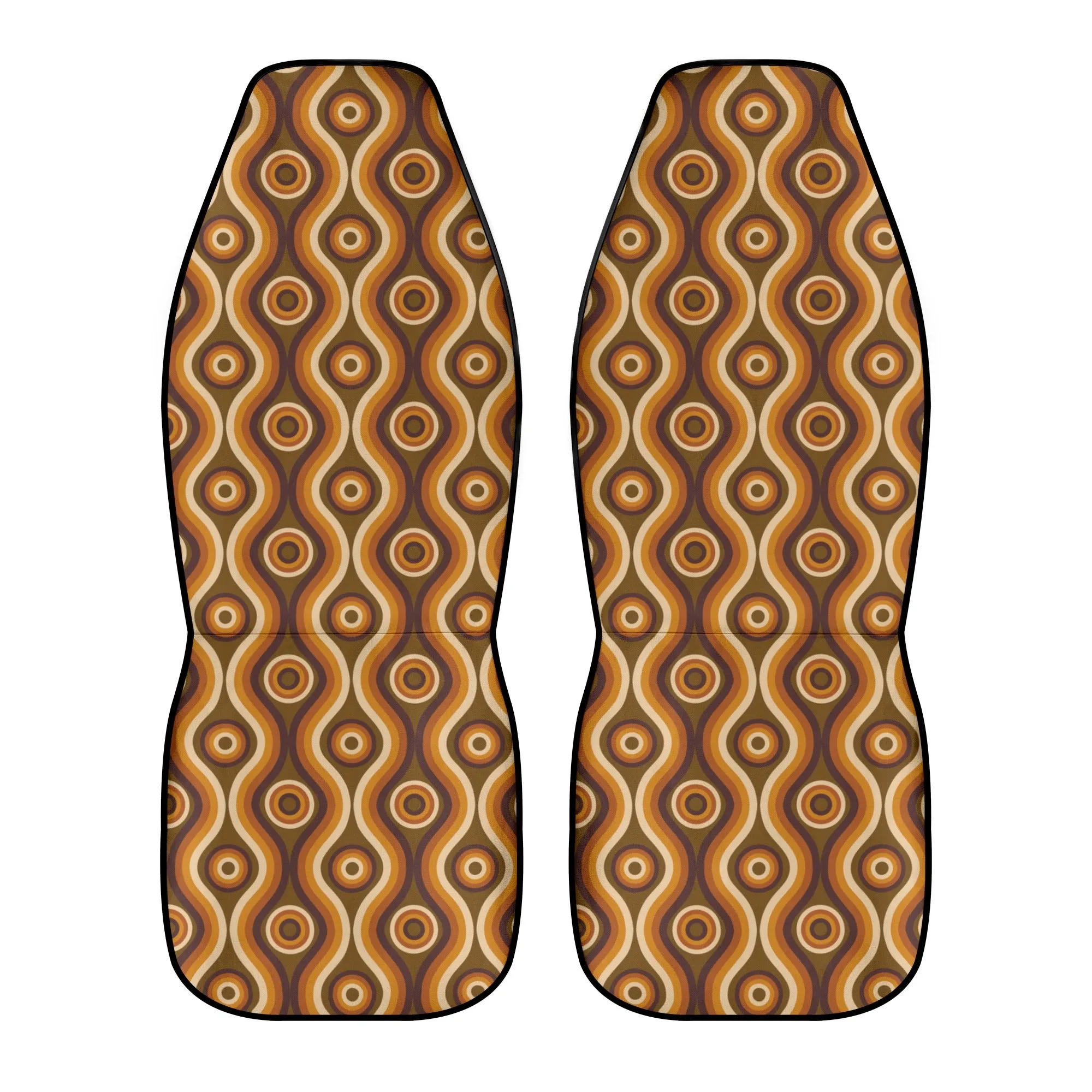 70s Retro Car Seat Covers (2 pcs), Brown Vintage Pattern Auto Front Seat Dog Pet Vehicle SUV Universal Protector Accessory Men Women