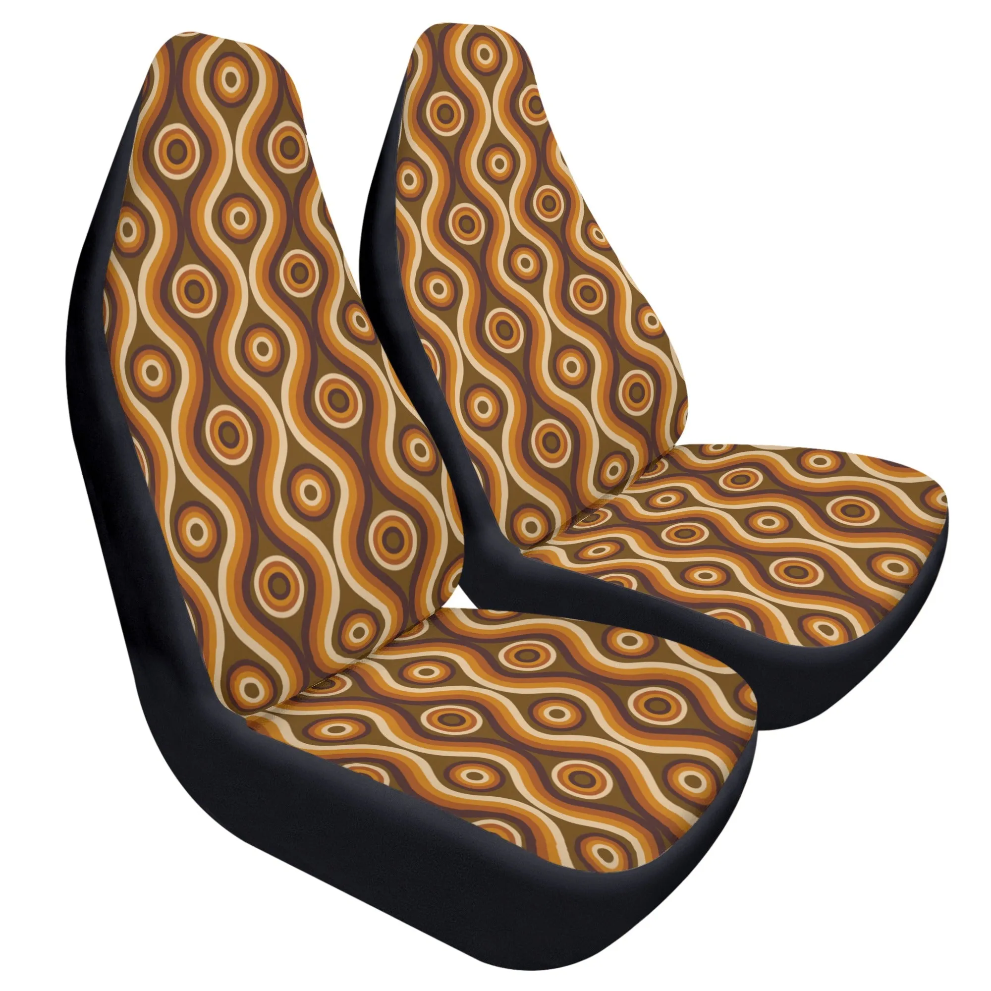 70s Retro Car Seat Covers (2 pcs), Brown Vintage Pattern Auto Front Seat Dog Pet Vehicle SUV Universal Protector Accessory Men Women