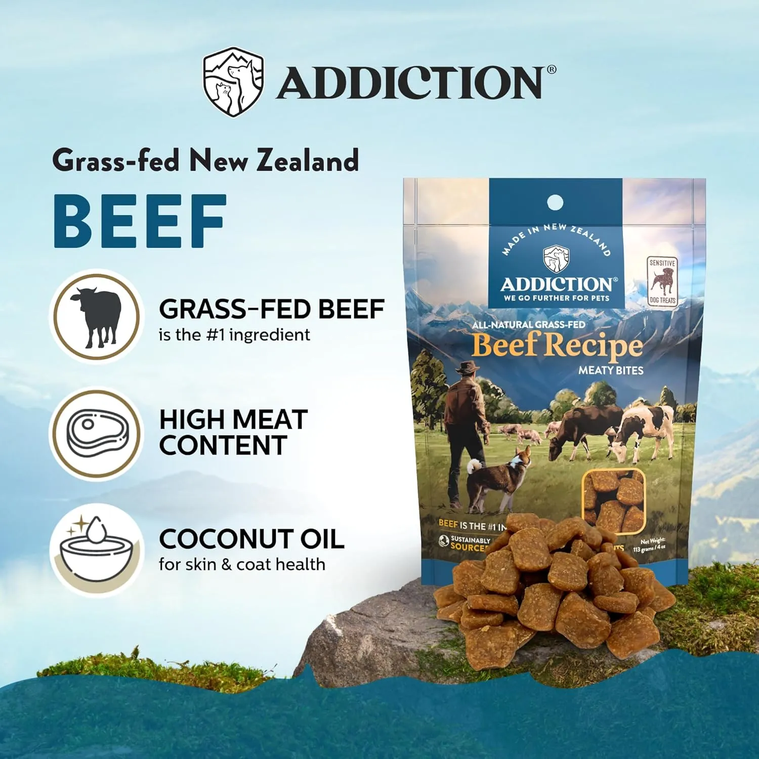 Addiction Meaty Bites - Hypoallergenic Dog Treats - Made in New Zealand - High Meat Content - Gluten and Grain-Free - Soft and Allergy Friendly Dog Treats (Beef, 4 Ounces - 3 Packs)