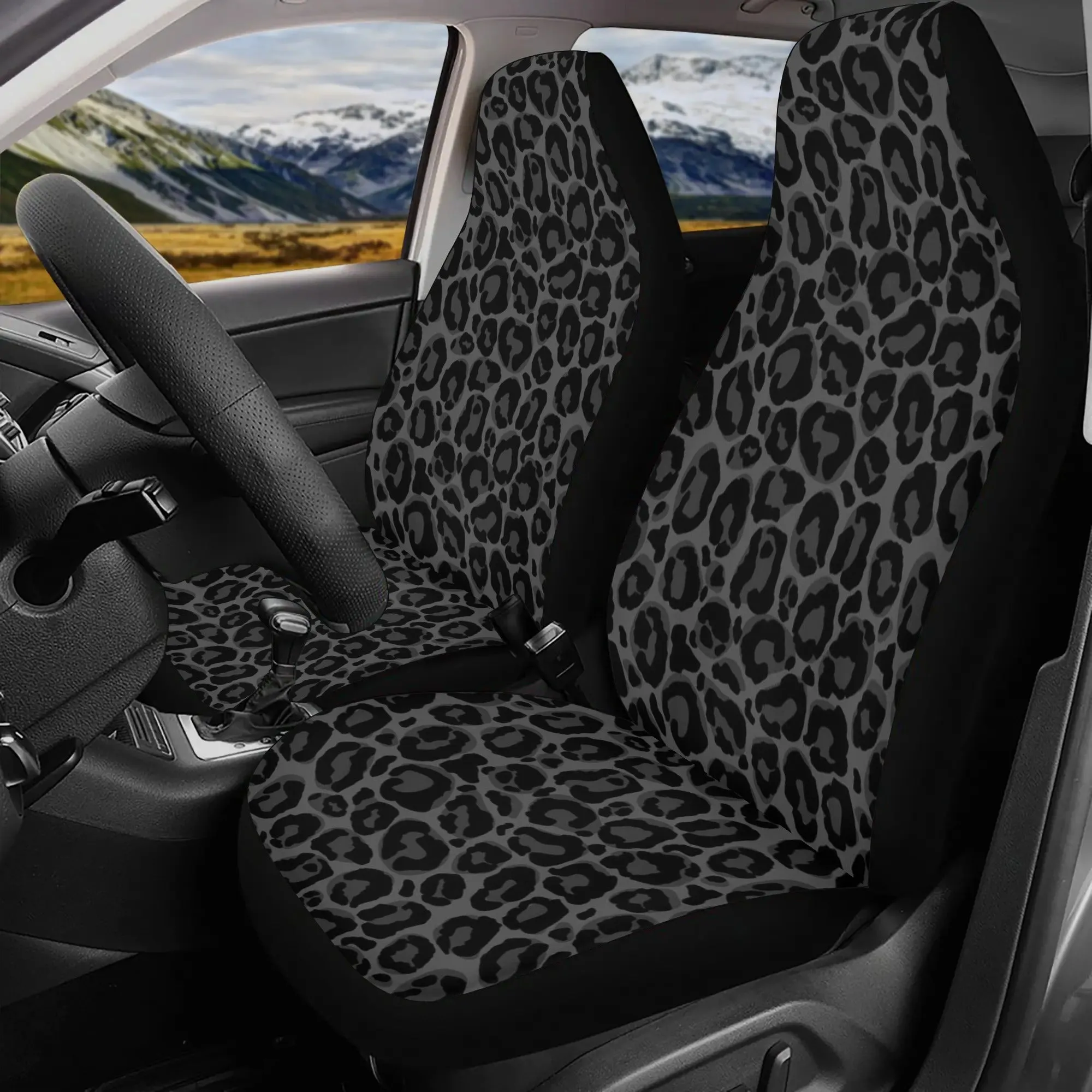 Black Leopard Front and Back Car Seat Covers Full Set (4 pcs), Animal Print Auto Dog Pet Vehicle SUV Universal Protector Accessory Men Women