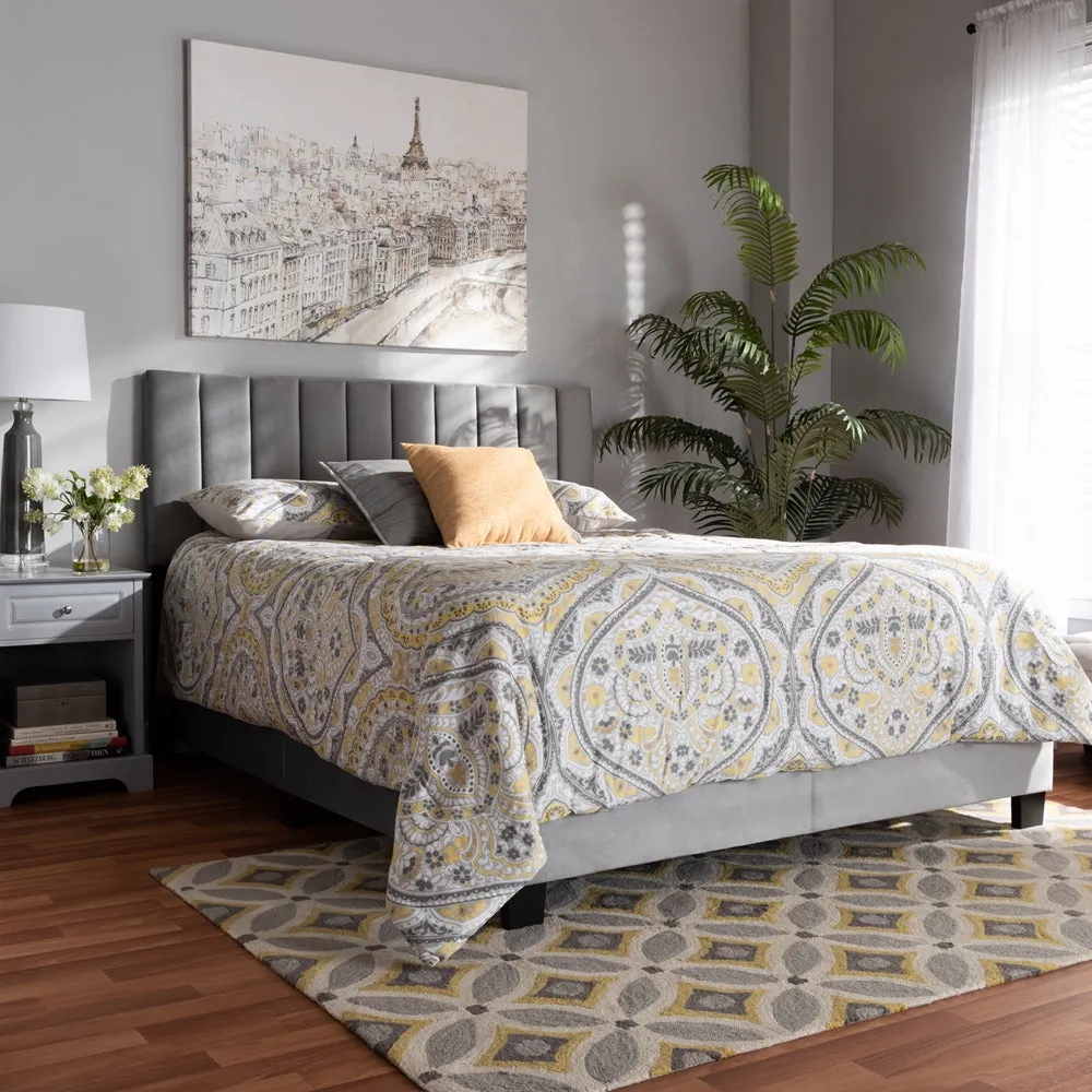 Clare Queen Size Bed Grey Velvet with Channel Tufted Headboard