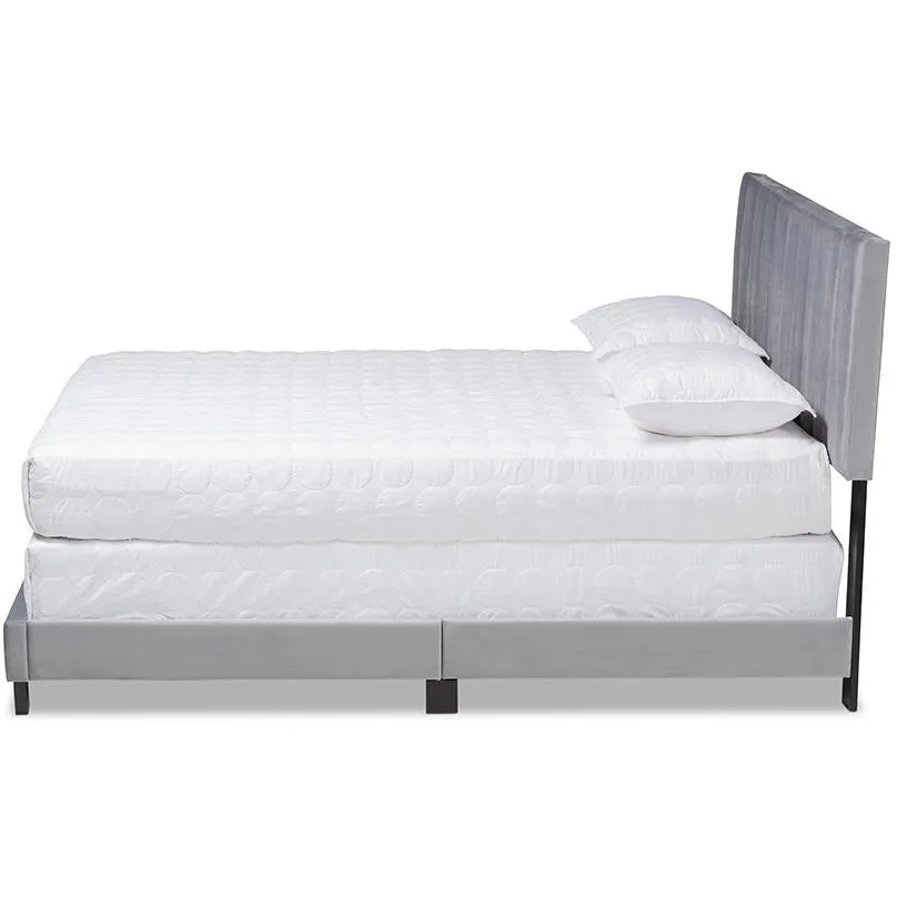 Clare Queen Size Bed Grey Velvet with Channel Tufted Headboard