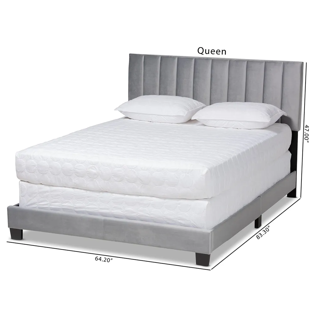 Clare Queen Size Bed Grey Velvet with Channel Tufted Headboard