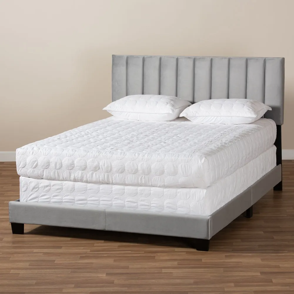 Clare Queen Size Bed Grey Velvet with Channel Tufted Headboard