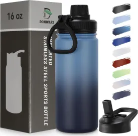 DOMICARE 16 oz Kids Water Bottle for School Stainless Steel Double Wall Vacuum Insulated Water Bottle with Straw lids & Spout Lid, Leakproof BPA Free (Blue/Navy,1)