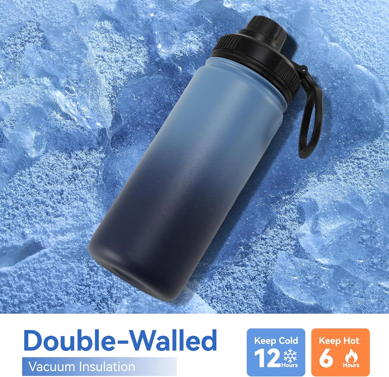 DOMICARE 16 oz Kids Water Bottle for School Stainless Steel Double Wall Vacuum Insulated Water Bottle with Straw lids & Spout Lid, Leakproof BPA Free (Blue/Navy,1)