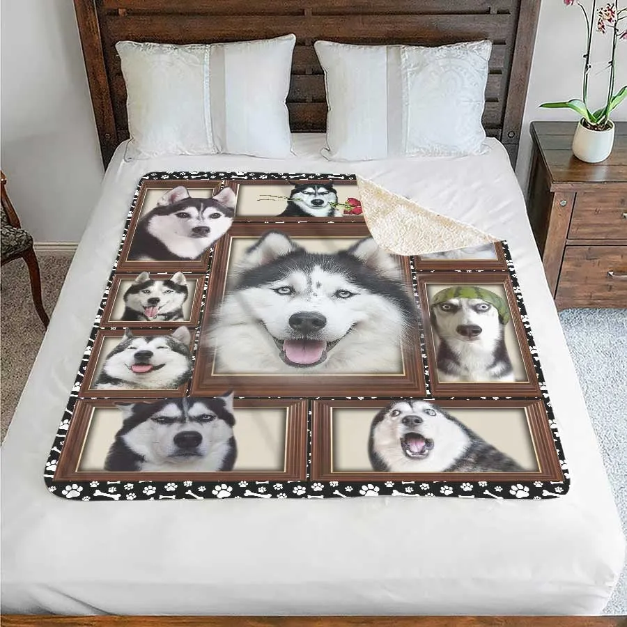 Funny Siberian Husky Print On Blanket, Cute Dog Fleece Sherpa Blanket Soft Cozy Blanket For Pet Lover