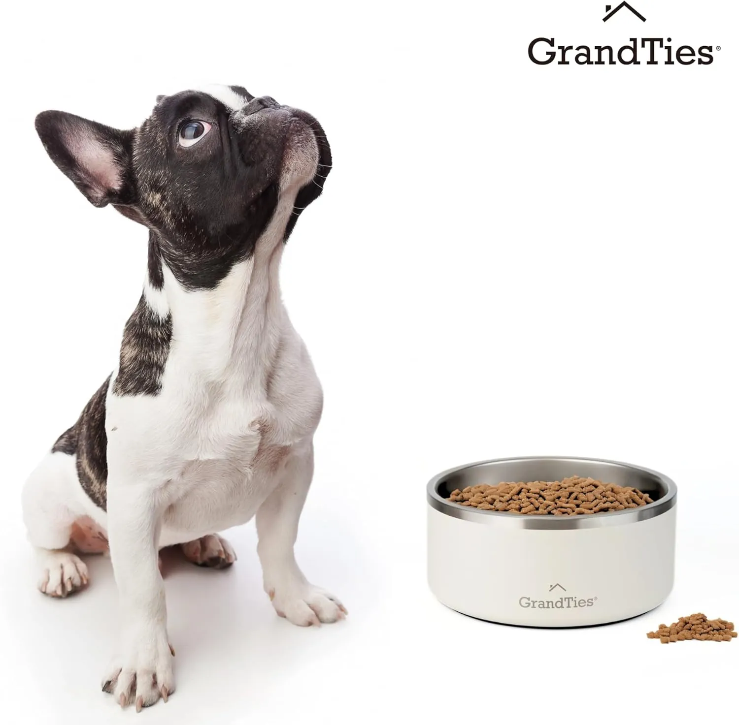 GrandTies Stainless Steel Engraved Pet Bowl | Reusable BPA-Free Insulated Cat & Dog Bowls | Large Heavy Duty Non Skid Spill Proof Dog Bowl | Outdoor Dog Water Bowl (42oz, Ivory White)