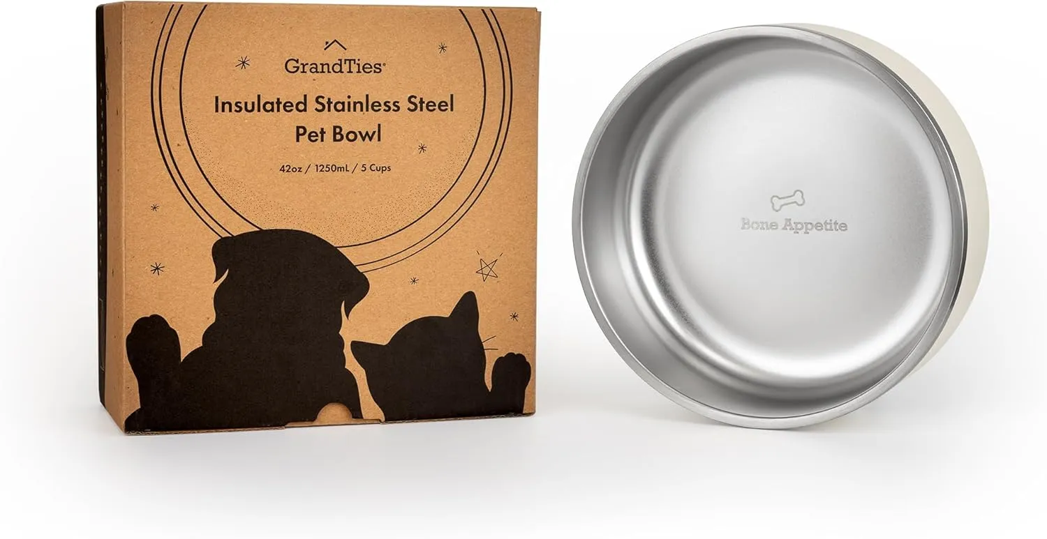GrandTies Stainless Steel Engraved Pet Bowl | Reusable BPA-Free Insulated Cat & Dog Bowls | Large Heavy Duty Non Skid Spill Proof Dog Bowl | Outdoor Dog Water Bowl (42oz, Ivory White)