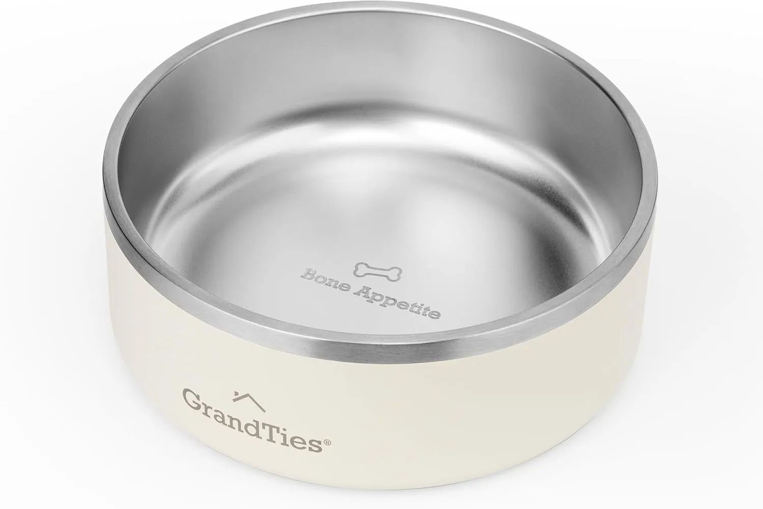 GrandTies Stainless Steel Engraved Pet Bowl | Reusable BPA-Free Insulated Cat & Dog Bowls | Large Heavy Duty Non Skid Spill Proof Dog Bowl | Outdoor Dog Water Bowl (42oz, Ivory White)