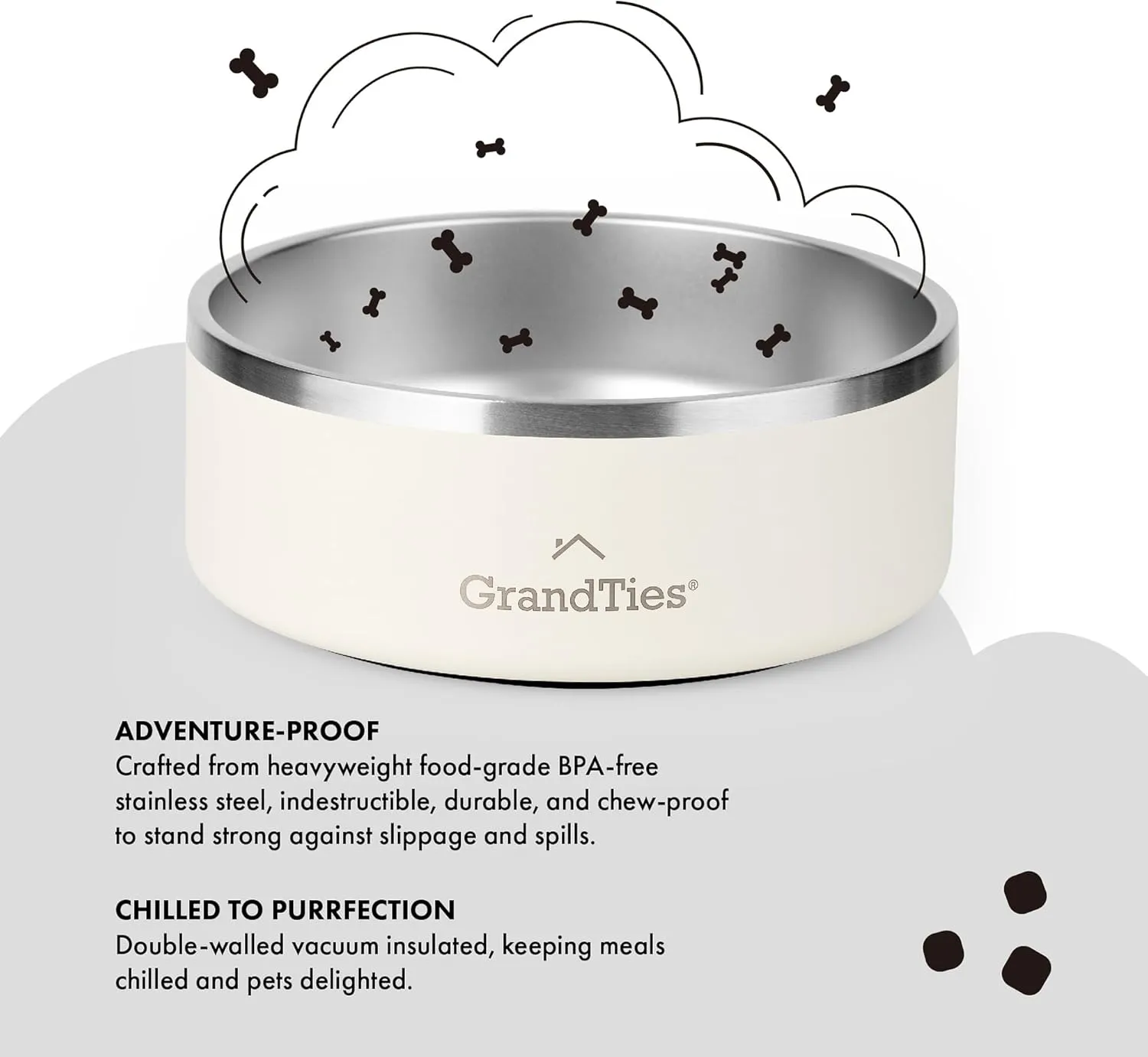 GrandTies Stainless Steel Engraved Pet Bowl | Reusable BPA-Free Insulated Cat & Dog Bowls | Large Heavy Duty Non Skid Spill Proof Dog Bowl | Outdoor Dog Water Bowl (42oz, Ivory White)