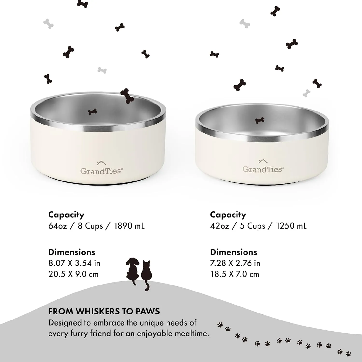 GrandTies Stainless Steel Engraved Pet Bowl | Reusable BPA-Free Insulated Cat & Dog Bowls | Large Heavy Duty Non Skid Spill Proof Dog Bowl | Outdoor Dog Water Bowl (42oz, Ivory White)