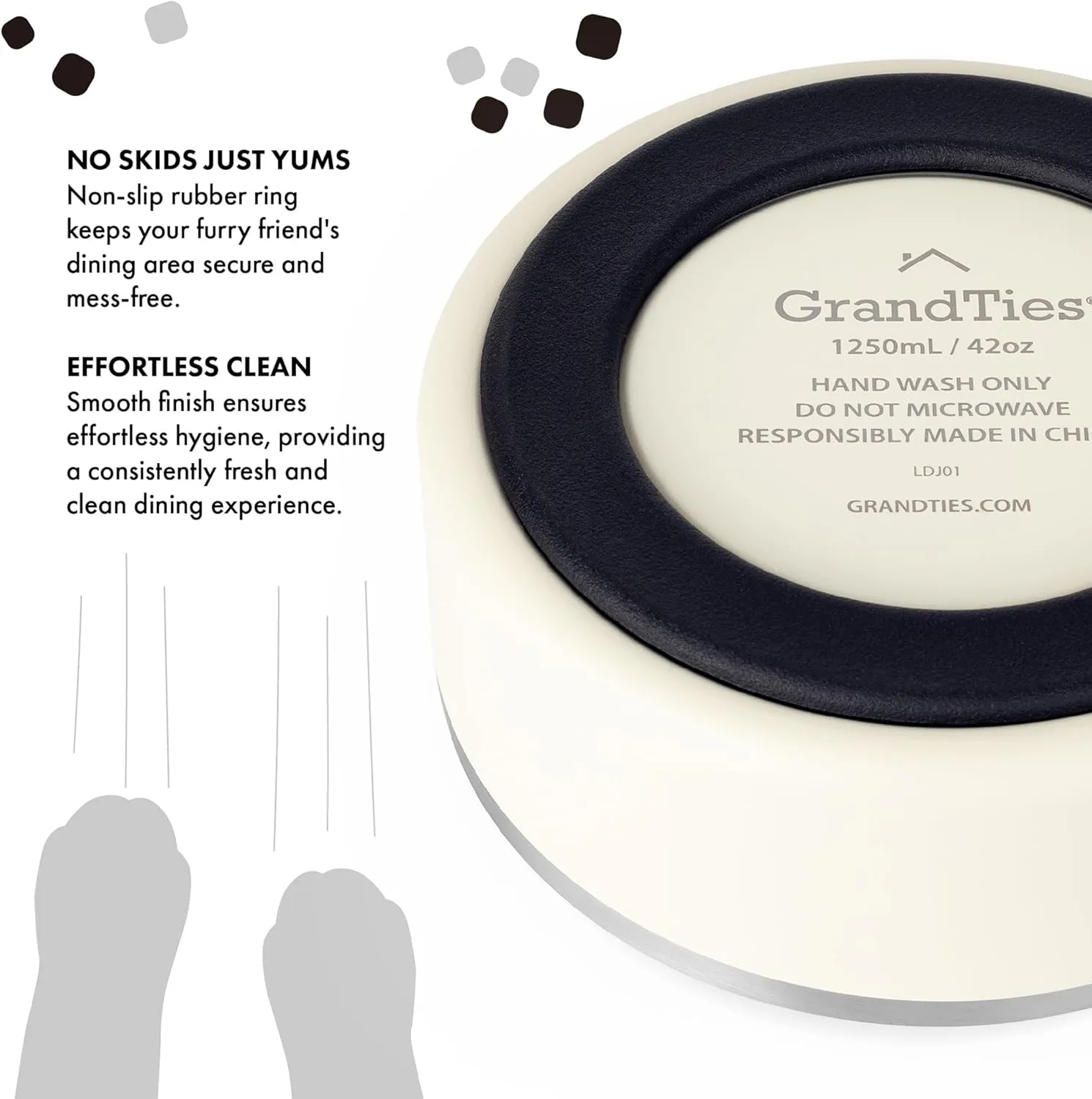 GrandTies Stainless Steel Engraved Pet Bowl | Reusable BPA-Free Insulated Cat & Dog Bowls | Large Heavy Duty Non Skid Spill Proof Dog Bowl | Outdoor Dog Water Bowl (42oz, Ivory White)