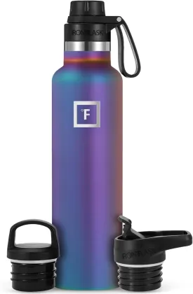 IRON FLASK Camping & Hiking Hydration Canteens - 3 Lids (Narrow Spout Lid) Leak Proof Vacuum Insulated Stainless Steel - Hot & Cold Double Walled Sports Water Bottle - Aurora, 24 Oz