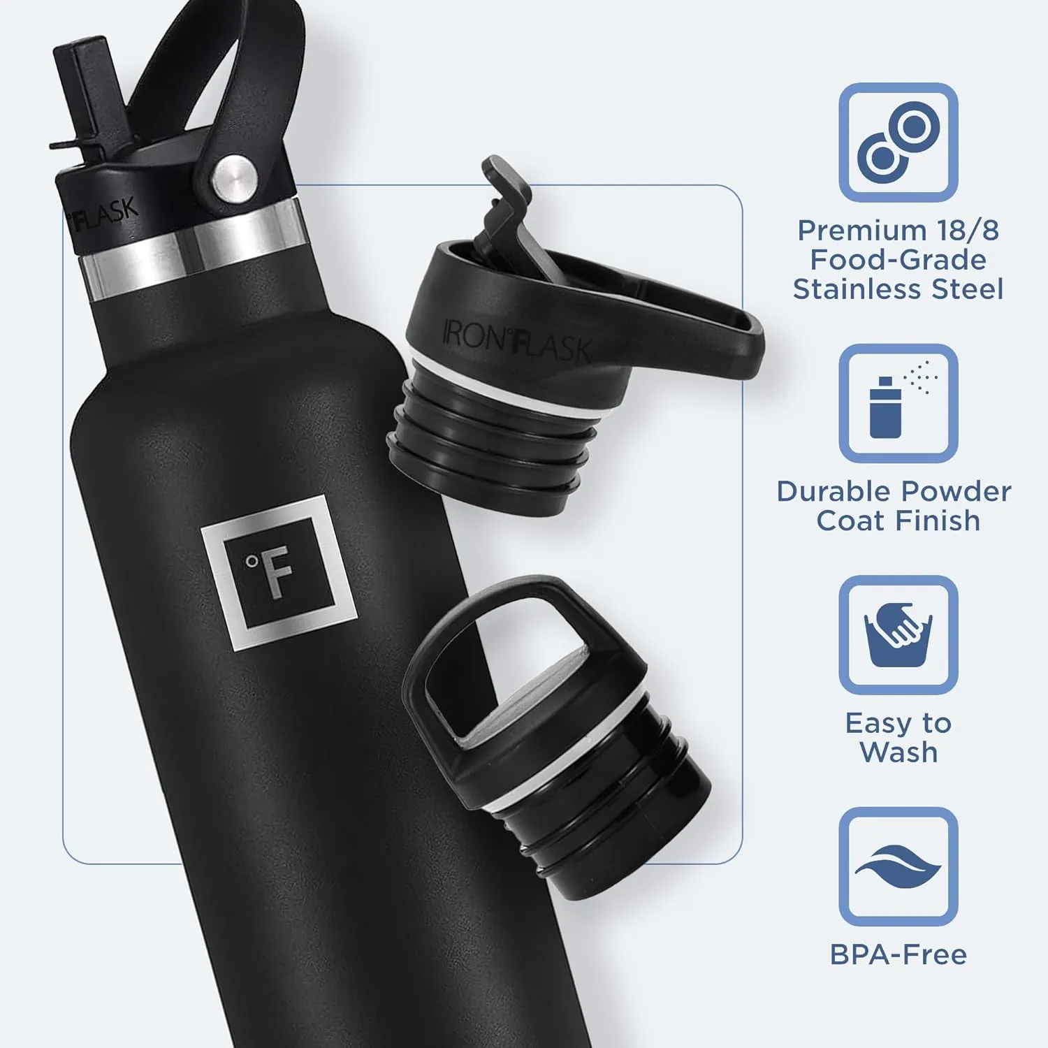 IRON FLASK Camping & Hiking Hydration Canteens - 3 Lids (Narrow Straw Lid) Leak Proof Vacuum Insulated Stainless Steel - Hot & Cold Double Walled Sports Water Bottle - Cobalt, 24 Oz