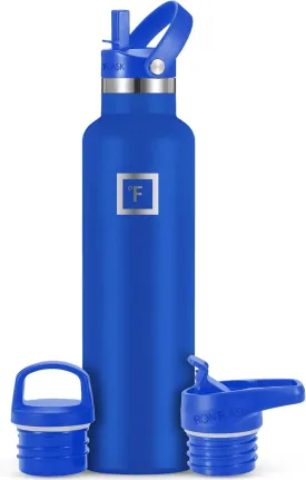 IRON FLASK Camping & Hiking Hydration Canteens - 3 Lids (Narrow Straw Lid) Leak Proof Vacuum Insulated Stainless Steel - Hot & Cold Double Walled Sports Water Bottle - Cobalt, 24 Oz