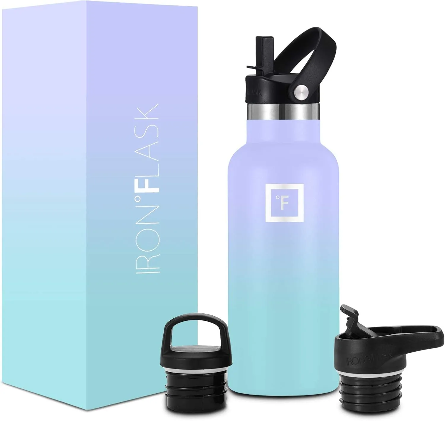 IRON FLASK Camping & Hiking Hydration Canteens - 3 Lids (Narrow Straw Lid) Leak Proof Vacuum Insulated Stainless Steel - Hot & Cold Double Walled Sports Water Bottle - Cotton Candy, 16 Oz