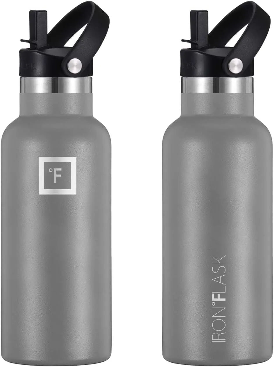 IRON FLASK Camping & Hiking Hydration Canteens - 3 Lids (Narrow Straw Lid) Leak Proof Vacuum Insulated Stainless Steel - Hot & Cold Double Walled Sports Water Bottle - Graphite, 16 Oz