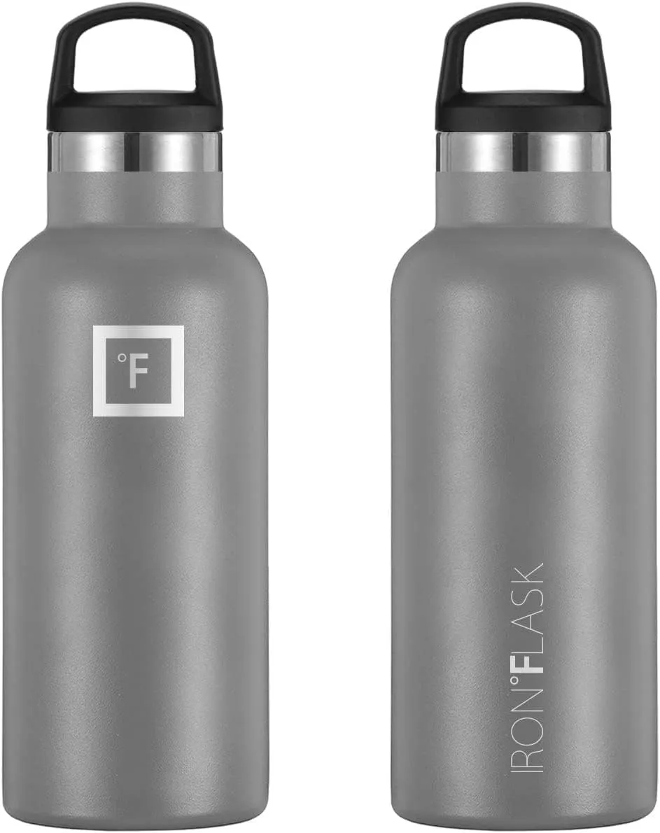 IRON FLASK Camping & Hiking Hydration Canteens - 3 Lids (Narrow Straw Lid) Leak Proof Vacuum Insulated Stainless Steel - Hot & Cold Double Walled Sports Water Bottle - Graphite, 16 Oz