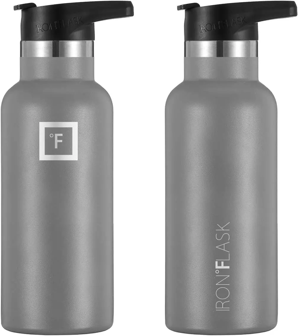 IRON FLASK Camping & Hiking Hydration Canteens - 3 Lids (Narrow Straw Lid) Leak Proof Vacuum Insulated Stainless Steel - Hot & Cold Double Walled Sports Water Bottle - Graphite, 16 Oz