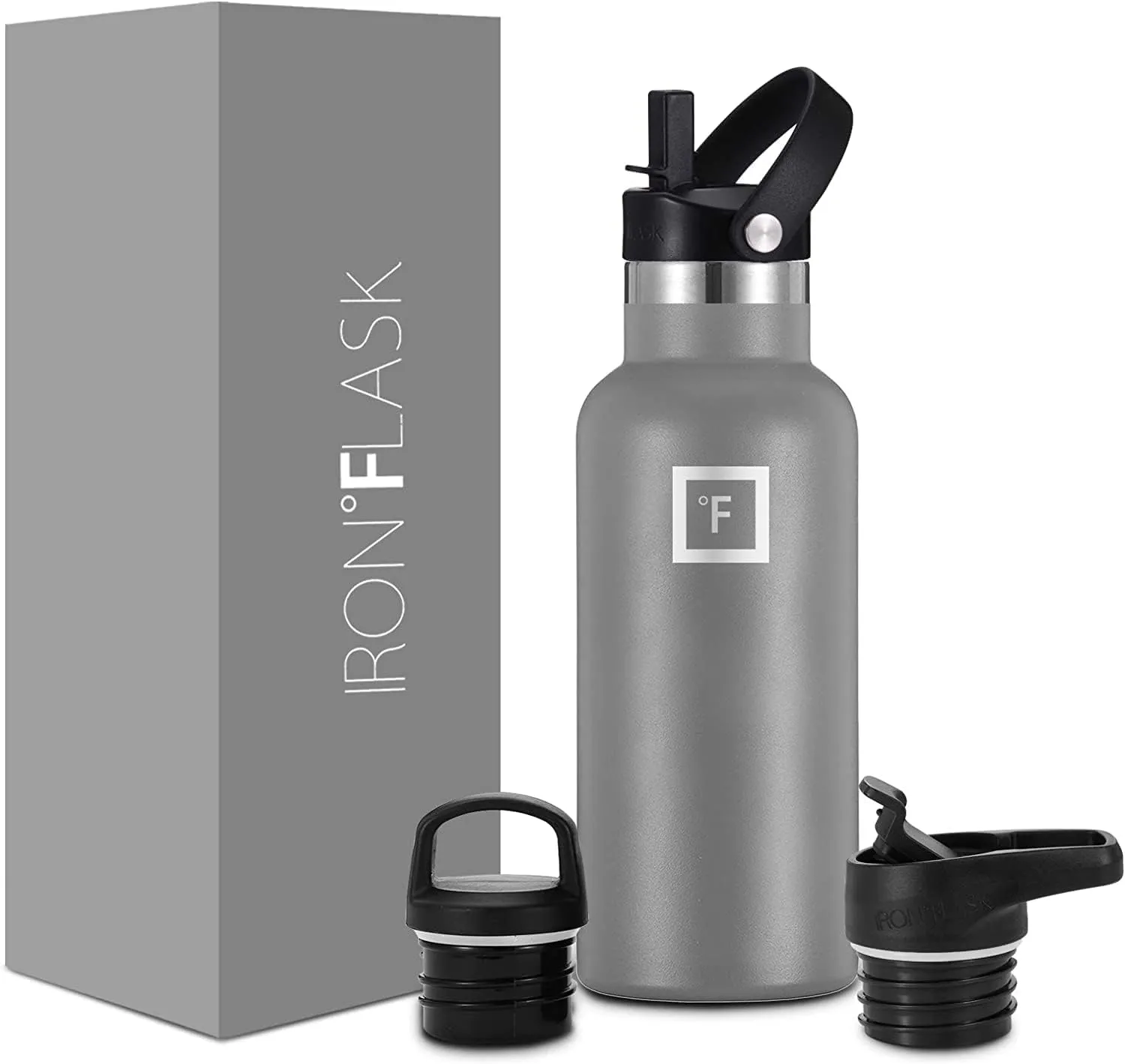 IRON FLASK Camping & Hiking Hydration Canteens - 3 Lids (Narrow Straw Lid) Leak Proof Vacuum Insulated Stainless Steel - Hot & Cold Double Walled Sports Water Bottle - Graphite, 16 Oz