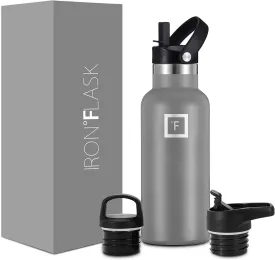 IRON FLASK Camping & Hiking Hydration Canteens - 3 Lids (Narrow Straw Lid) Leak Proof Vacuum Insulated Stainless Steel - Hot & Cold Double Walled Sports Water Bottle - Graphite, 16 Oz
