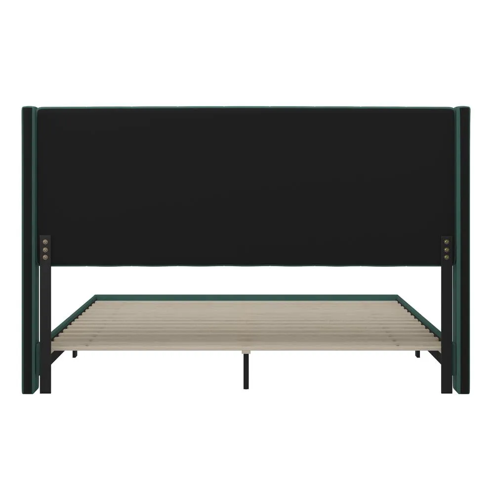 King Upholstered Platform Bed with Vertical Stitched Headboard, Emerald Velvet