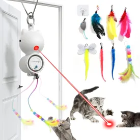 Laser Interactive Cat Toys, LED Light, 8 PCS Replacement Teaser with Bell Refills, Feather & Mouse Cats Toy, Hanging Cat Toys for Indoor Cats, for Bored Adult Kitten Exercise, Silver
