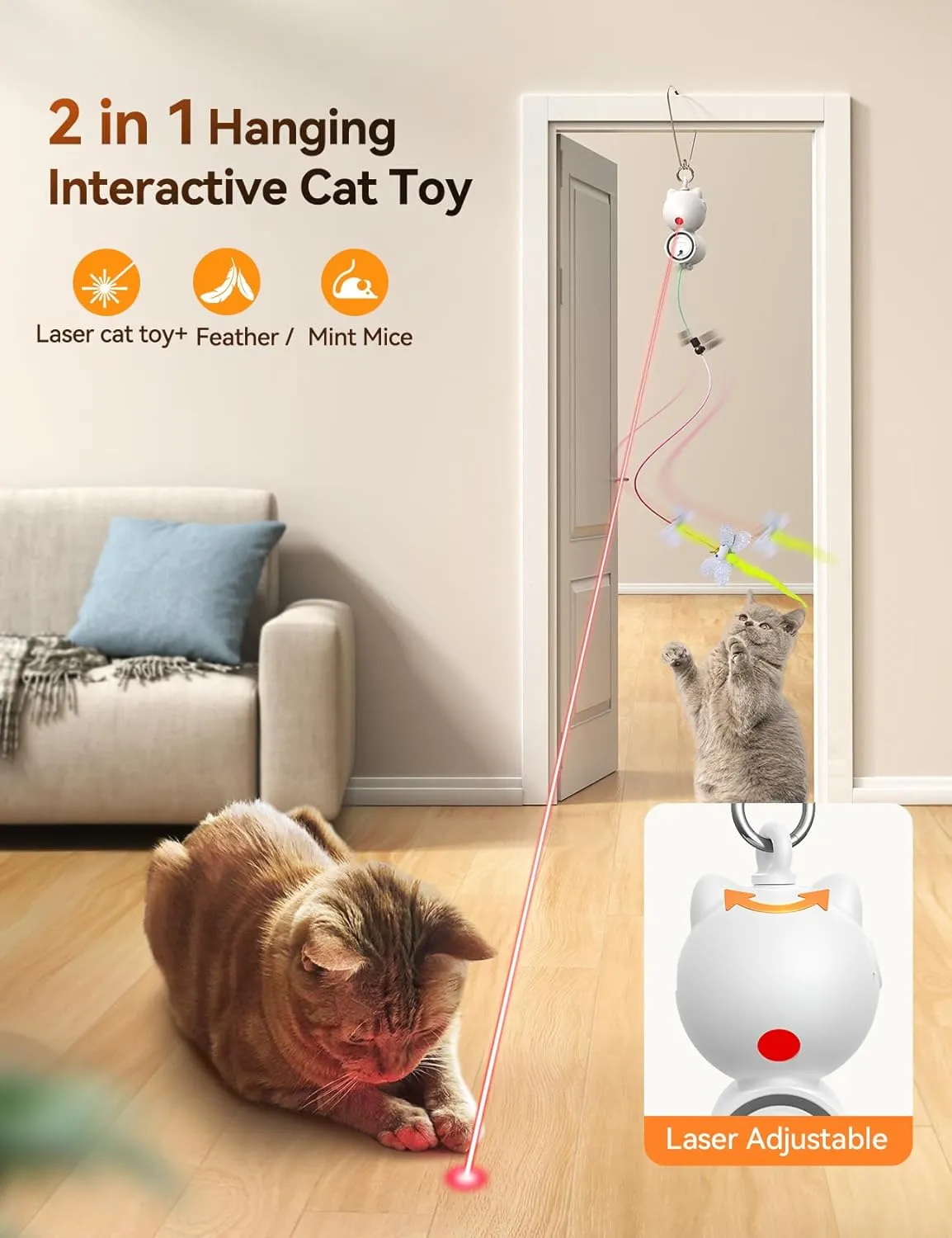 Laser Interactive Cat Toys, LED Light, 8 PCS Replacement Teaser with Bell Refills, Feather & Mouse Cats Toy, Hanging Cat Toys for Indoor Cats, for Bored Adult Kitten Exercise, Silver