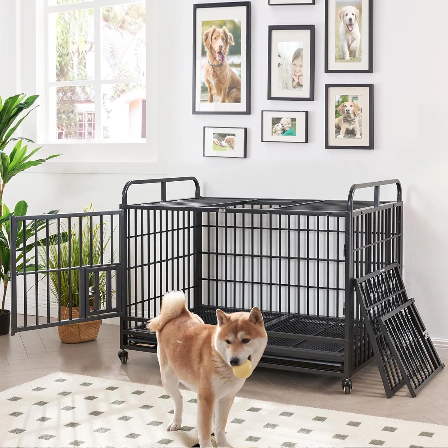 Lauren&Harold 38 Inch Heavy Duty Dog Crate Furniture for Medium/Small Dogs, Metal Dog Kennel Indoor with Top Door&Feed Door, Small Dog Cage with Removable Tray&Wheels, Furniture Dog crates Pet House