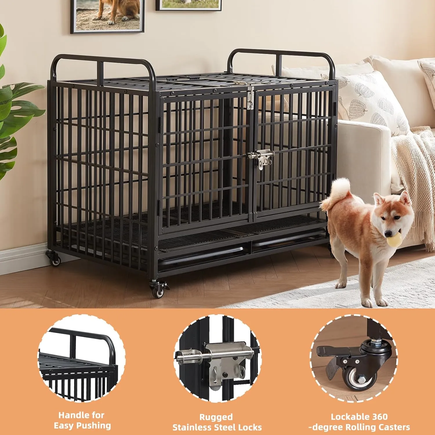 Lauren&Harold 38 Inch Heavy Duty Dog Crate Furniture for Medium/Small Dogs, Metal Dog Kennel Indoor with Top Door&Feed Door, Small Dog Cage with Removable Tray&Wheels, Furniture Dog crates Pet House