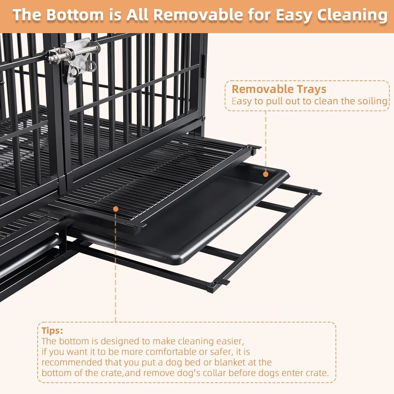 Lauren&Harold 38 Inch Heavy Duty Dog Crate Furniture for Medium/Small Dogs, Metal Dog Kennel Indoor with Top Door&Feed Door, Small Dog Cage with Removable Tray&Wheels, Furniture Dog crates Pet House