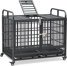 Lauren&Harold 38 Inch Heavy Duty Dog Crate Furniture for Medium/Small Dogs, Metal Dog Kennel Indoor with Top Door&Feed Door, Small Dog Cage with Removable Tray&Wheels, Furniture Dog crates Pet House