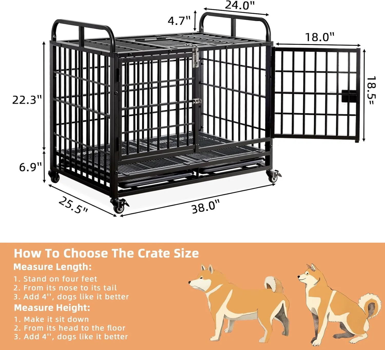 Lauren&Harold 38 Inch Heavy Duty Dog Crate Furniture for Medium/Small Dogs, Metal Dog Kennel Indoor with Top Door&Feed Door, Small Dog Cage with Removable Tray&Wheels, Furniture Dog crates Pet House