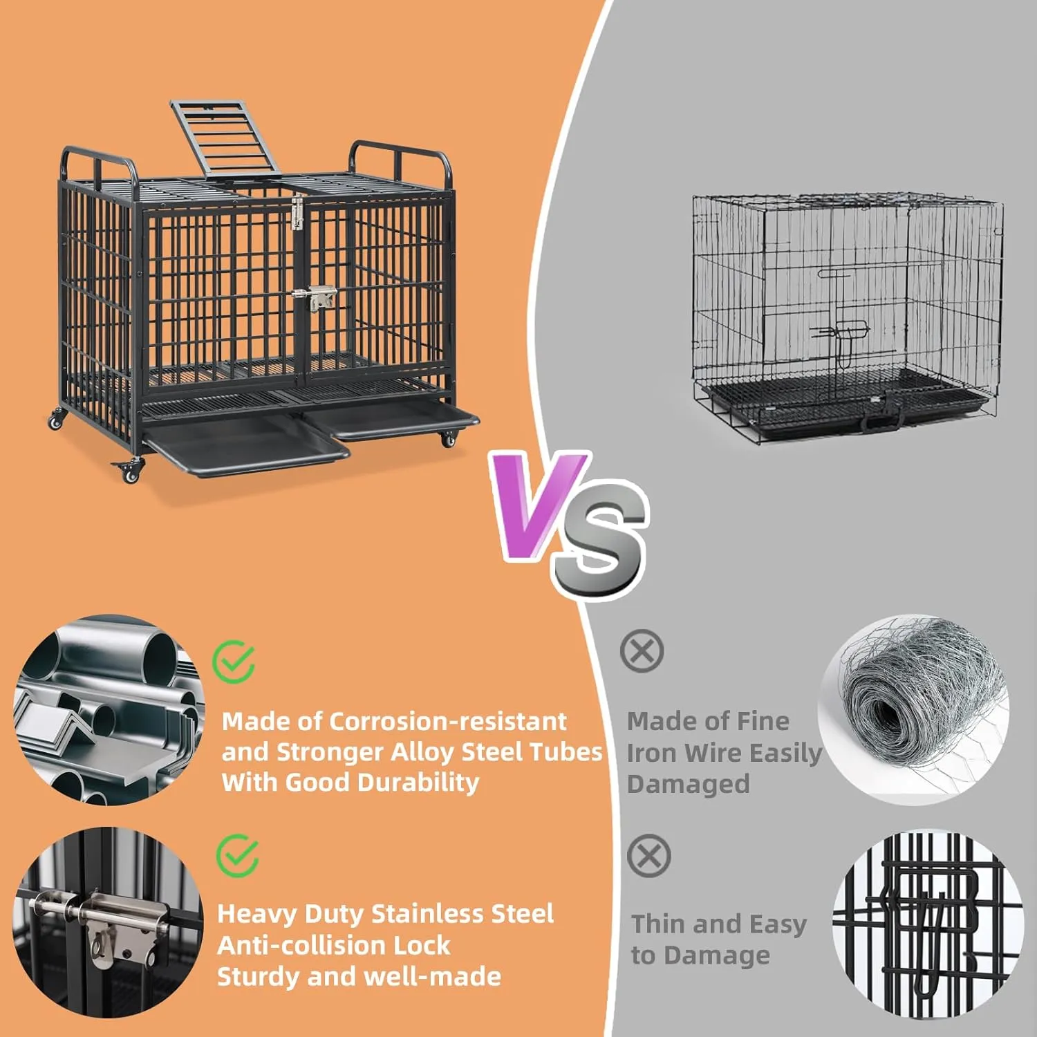 Lauren&Harold 38 Inch Heavy Duty Dog Crate Furniture for Medium/Small Dogs, Metal Dog Kennel Indoor with Top Door&Feed Door, Small Dog Cage with Removable Tray&Wheels, Furniture Dog crates Pet House