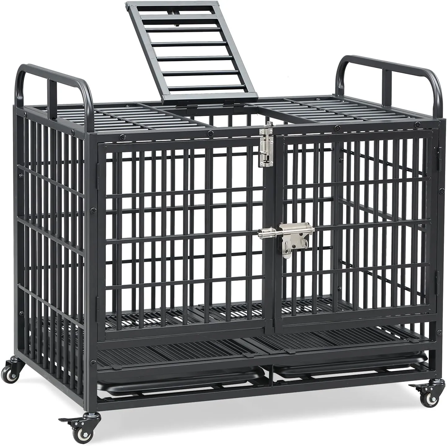 Lauren&Harold 38 Inch Heavy Duty Dog Crate Furniture for Medium/Small Dogs, Metal Dog Kennel Indoor with Top Door&Feed Door, Small Dog Cage with Removable Tray&Wheels, Furniture Dog crates Pet House