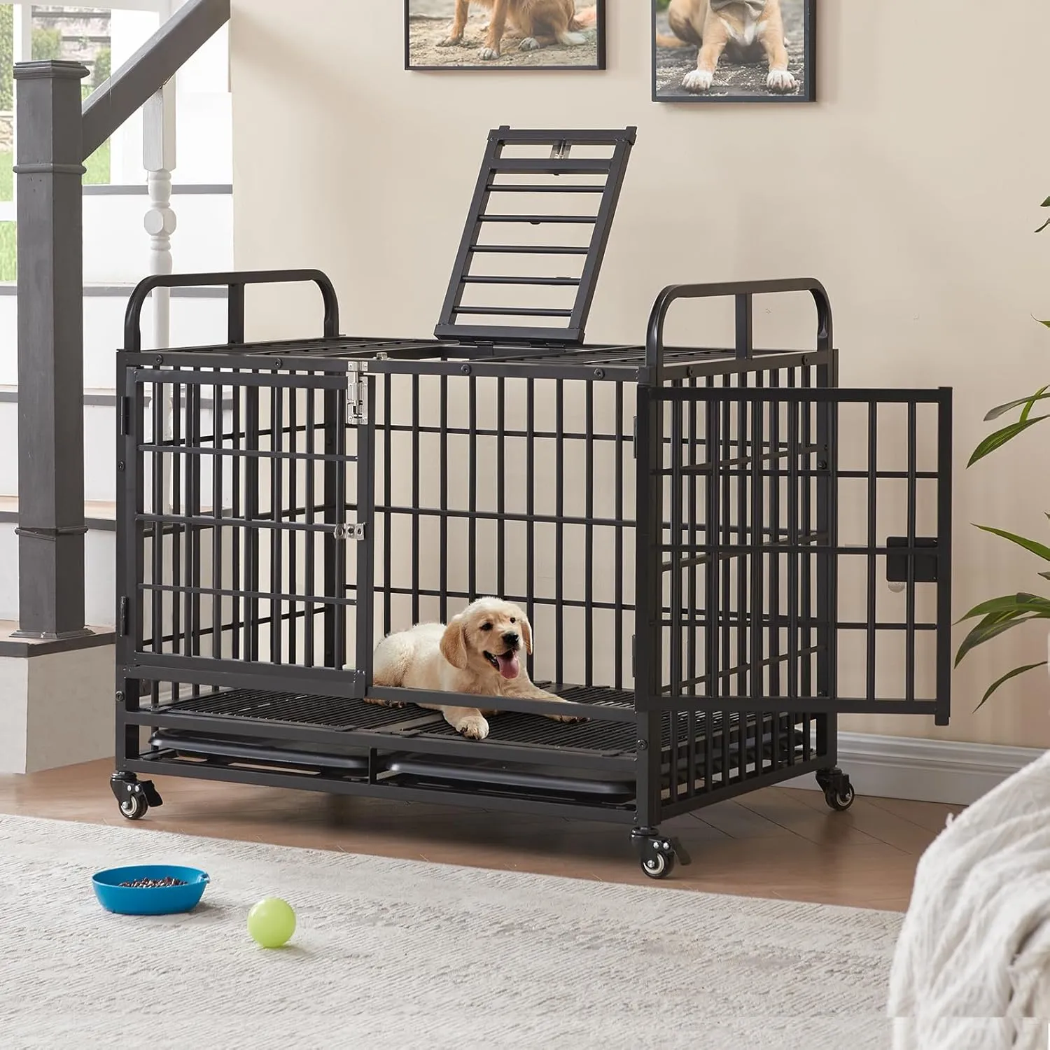 Lauren&Harold 38 Inch Heavy Duty Dog Crate Furniture for Medium/Small Dogs, Metal Dog Kennel Indoor with Top Door&Feed Door, Small Dog Cage with Removable Tray&Wheels, Furniture Dog crates Pet House