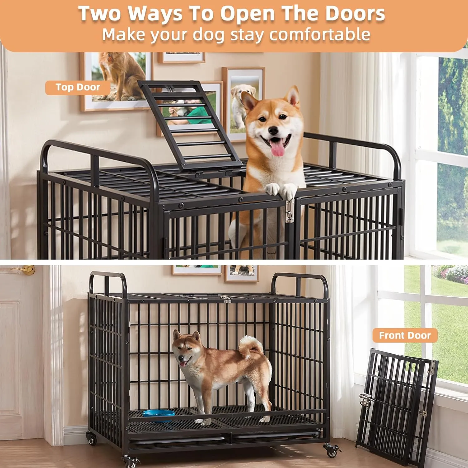Lauren&Harold 38 Inch Heavy Duty Dog Crate Furniture for Medium/Small Dogs, Metal Dog Kennel Indoor with Top Door&Feed Door, Small Dog Cage with Removable Tray&Wheels, Furniture Dog crates Pet House