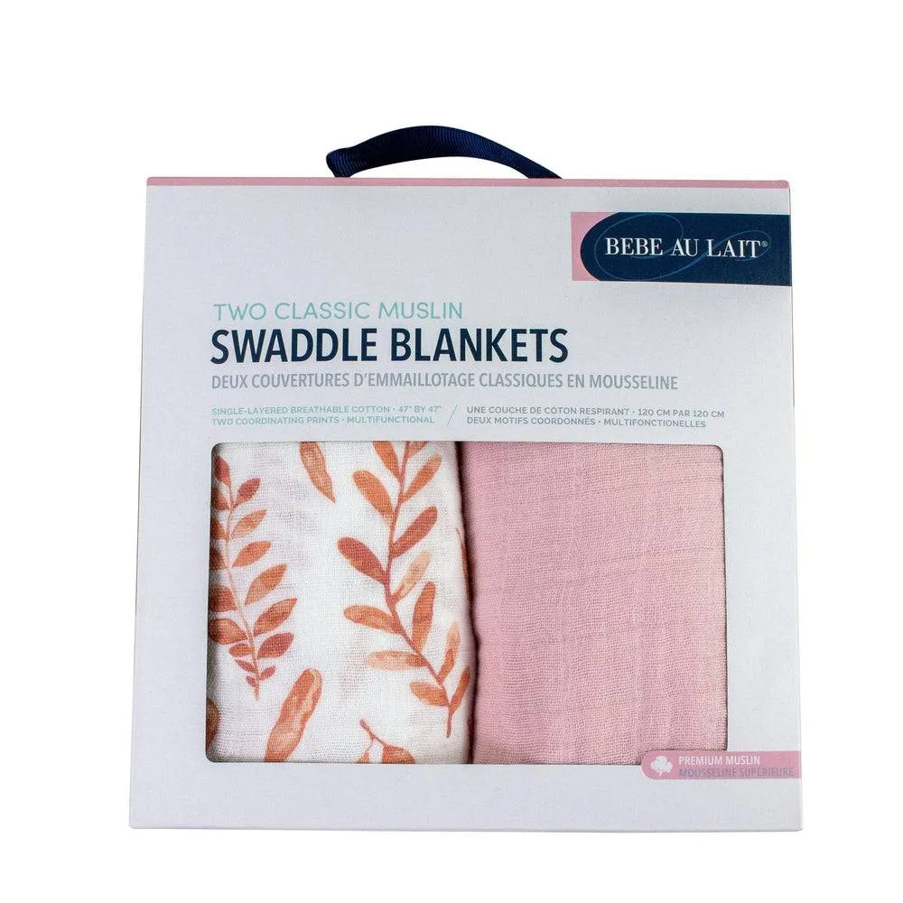 Muslin Swaddle Blanket Set Premium Cotton Pink Leaves   Cotton Candy