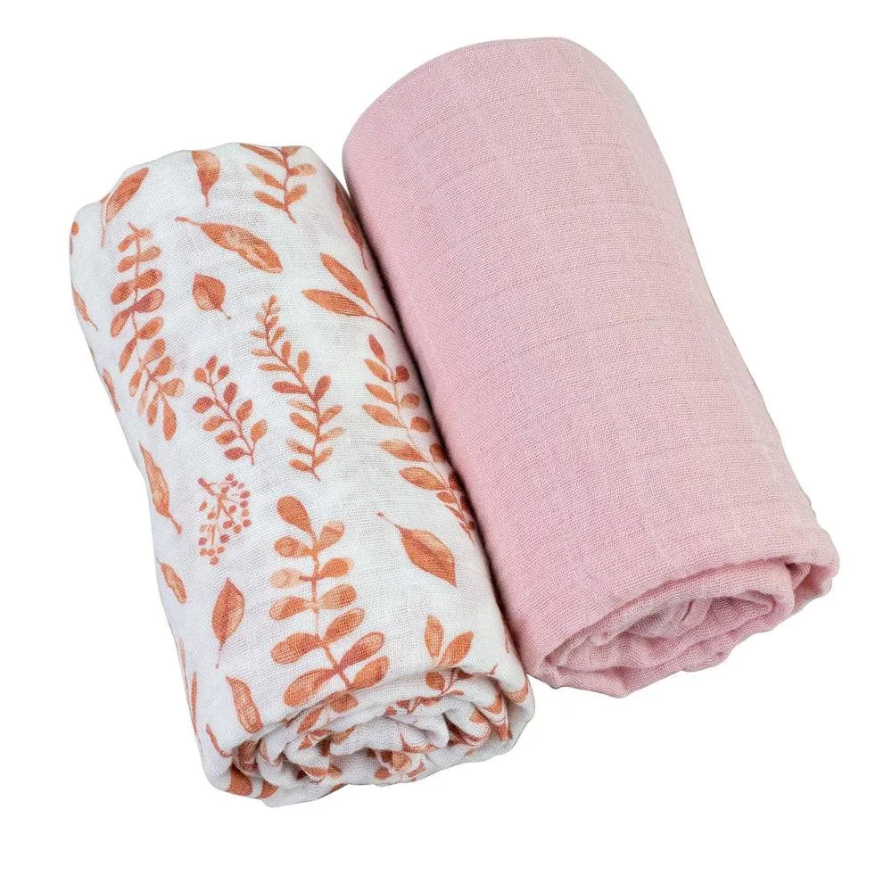 Muslin Swaddle Blanket Set Premium Cotton Pink Leaves   Cotton Candy