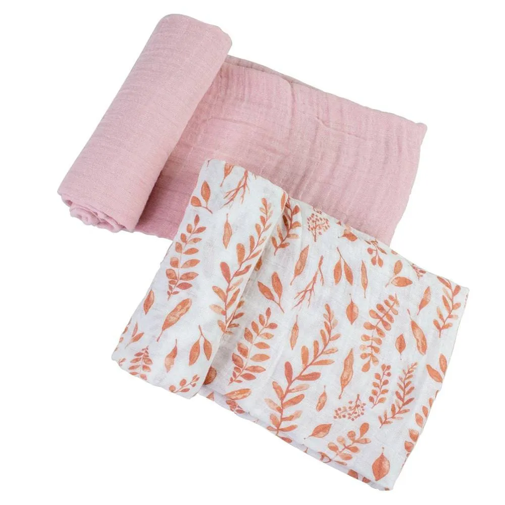 Muslin Swaddle Blanket Set Premium Cotton Pink Leaves   Cotton Candy