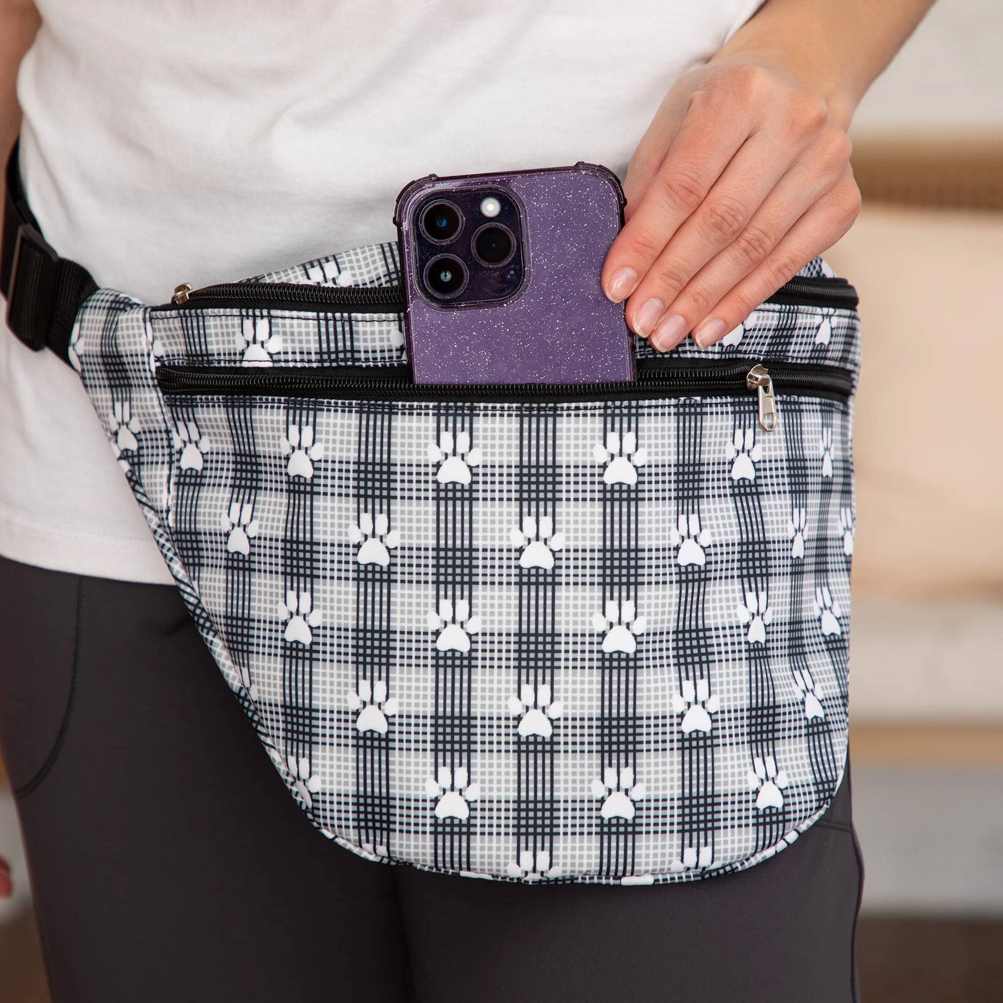 Plaid Paw Print Large Fanny Pack with 3 Zippered Pockets