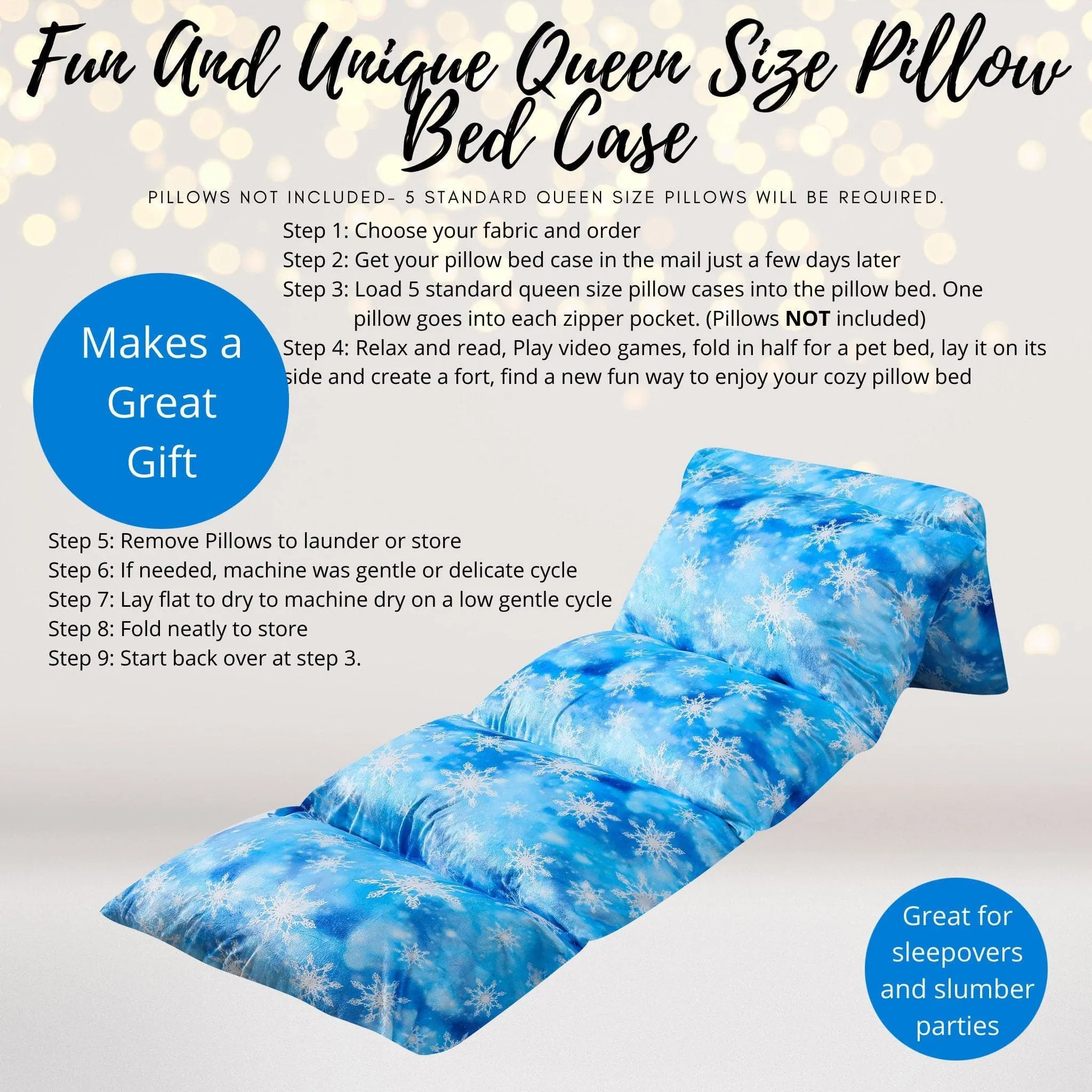 Snowflake Pillow Bed Case, Floor Lounger Holiday Gift for little Princesses